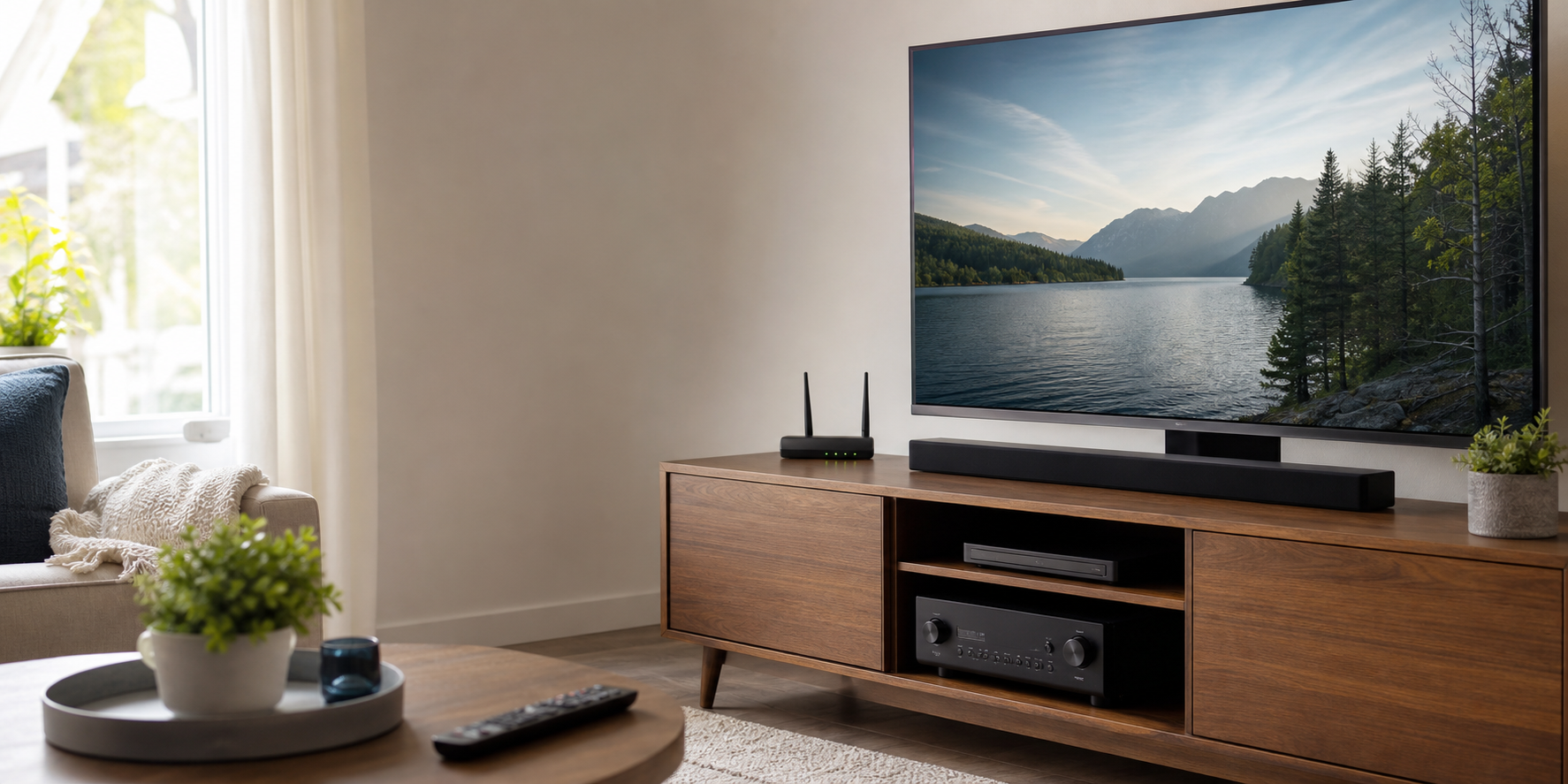A tidy living room media console with a TV, router, remote, and audio equipment.